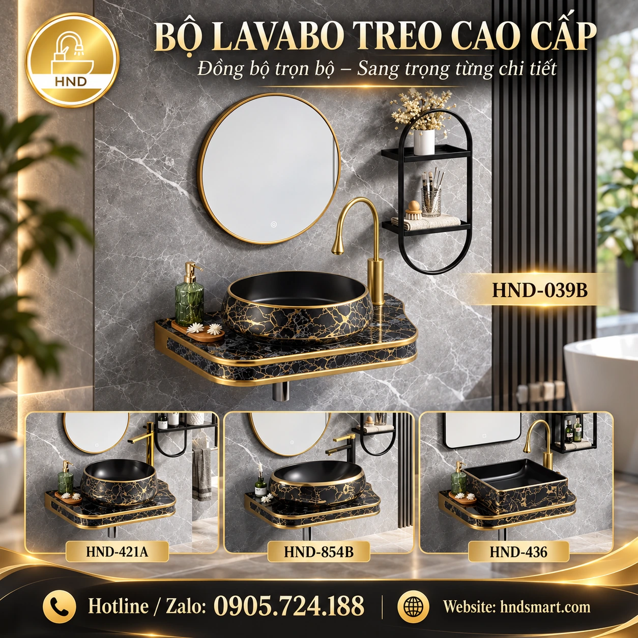 Bộ lavabo treo đen vàng HND mới — HND-039B, HND-421A, HND-854B, HND-436