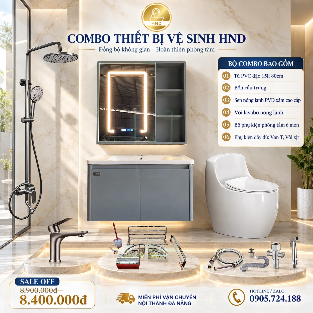 Combo thiết bị vệ sinh HND: tủ PVC, bồn cầu, sen vòi và phụ kiện